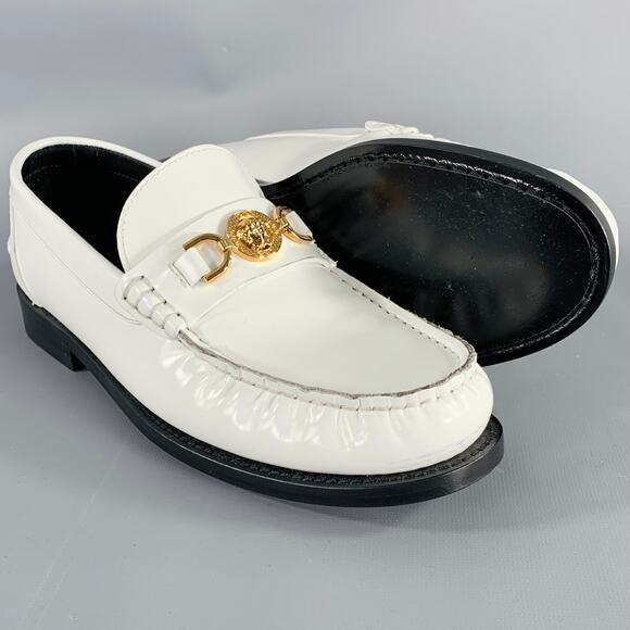 VERSACE Size 9 White Gold Leather Logo Moccasin Flats - Picture 6 of 10